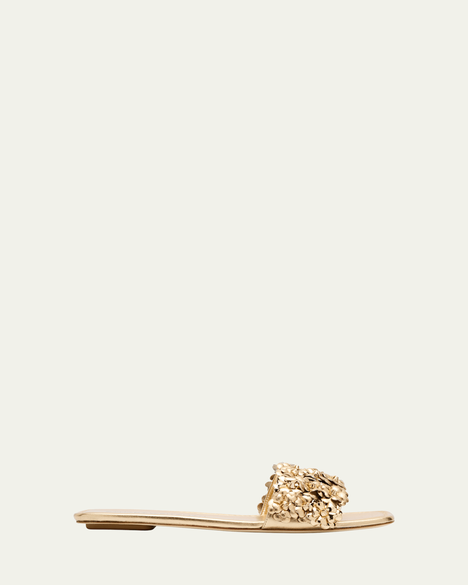 Meadow Metallic Leather Flower Slides